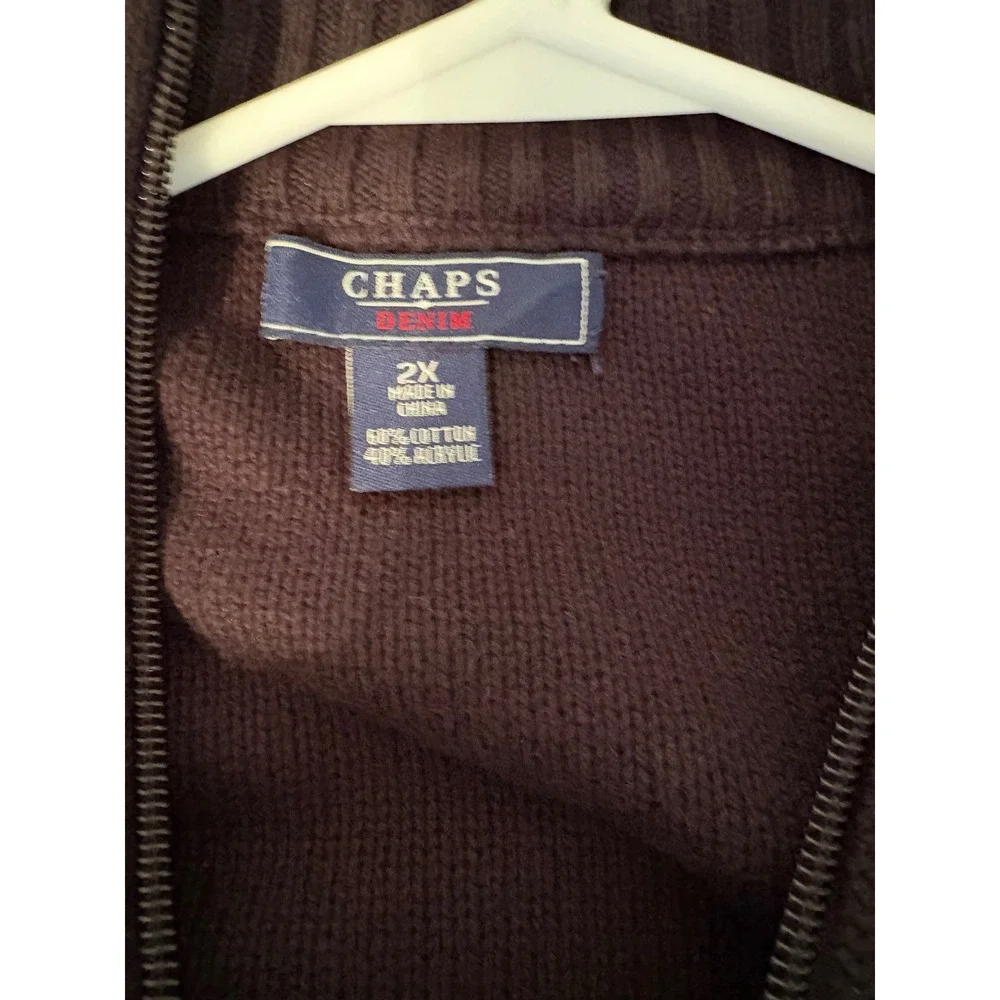 Chaps Denim Mens 2X Brown Cable Knit Full Zip Mock Neck Cotton Blend Sweater